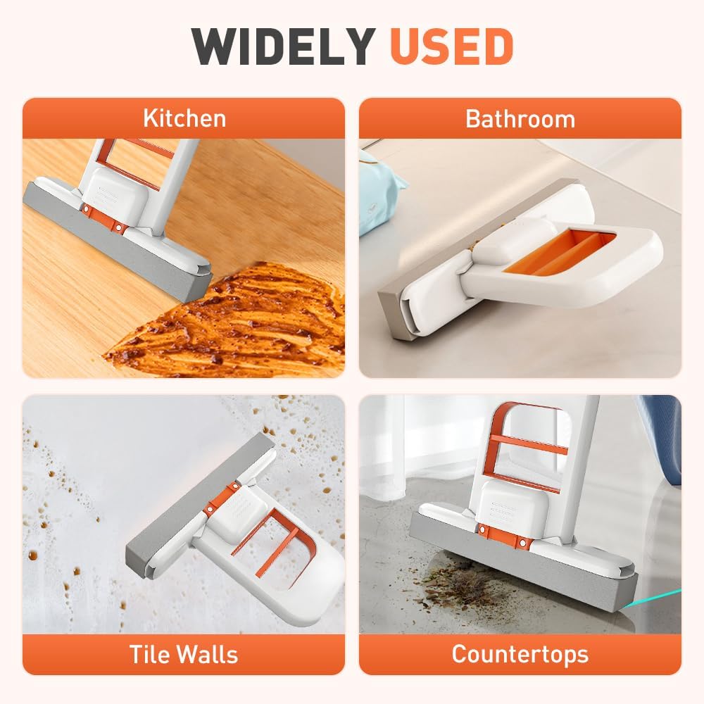 Mini Foldable Desktop Mop, Wet and Dry Portable Cleaning Sponge Mop,Self Squeezing Mini Sponge Mop with One Replaceable Head,for Small Spaces,Bathroom,Kitchen,Glass (Orange+Black)