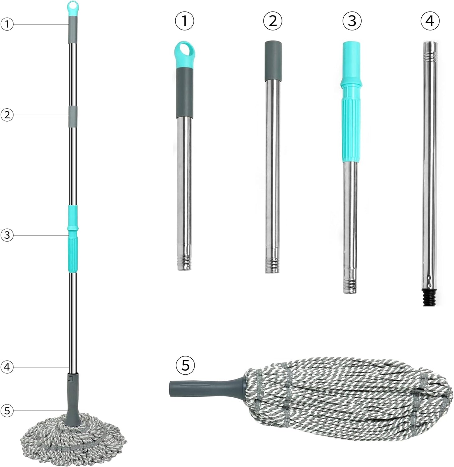 Self Wringing Mop Floor Cleaning, Easy Squeeze Twist Mop, Heavy Duty Wet Mops for Cleaning Hardwood Tile Vinyl Laminate Floors (Gray- 2 Head)