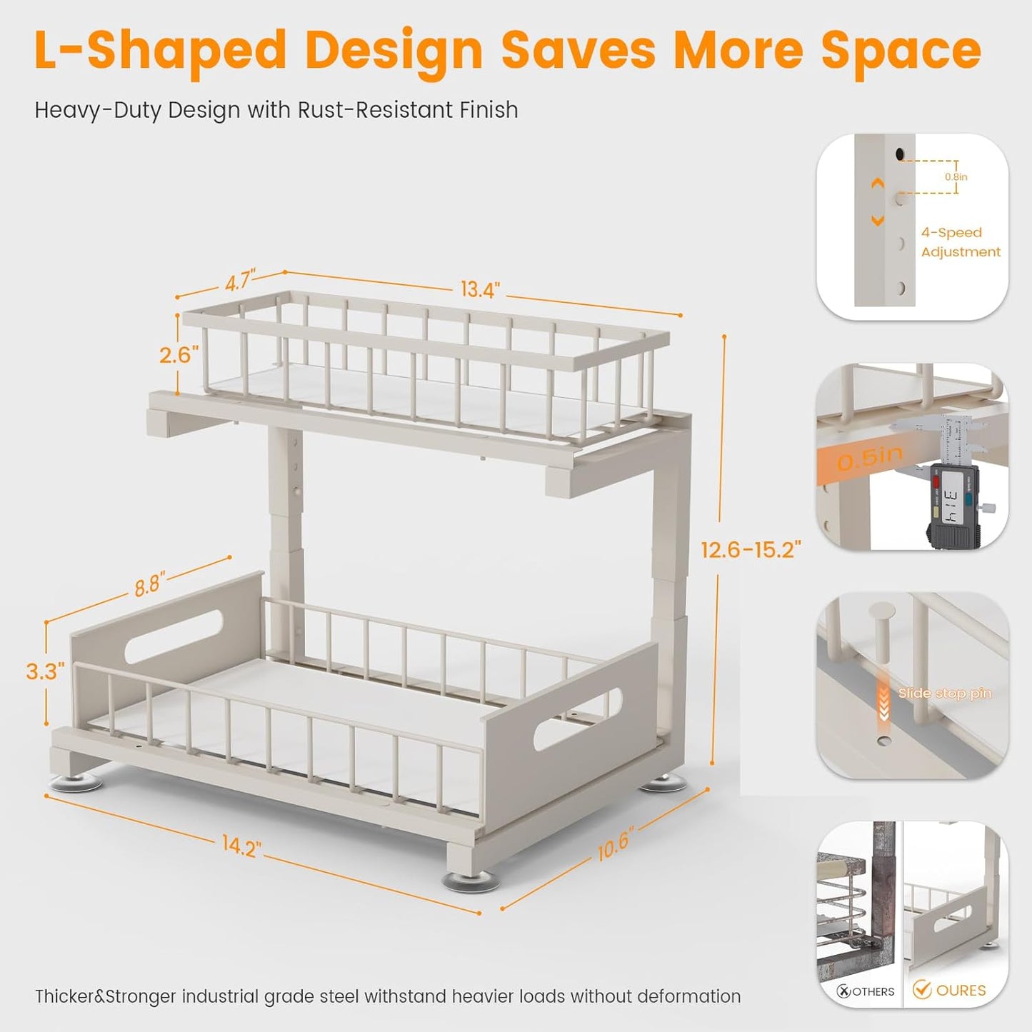 2 Pack Under Sink Organizer, 2-Tier Heavy Duty Metal Pull Out Cabinet Organizer Slide Out Sink Shelf Organizer Height Adjustable, Multi-Purpose Storage Shelf for Kitchen Bathroom (Sand, 1 Pack)