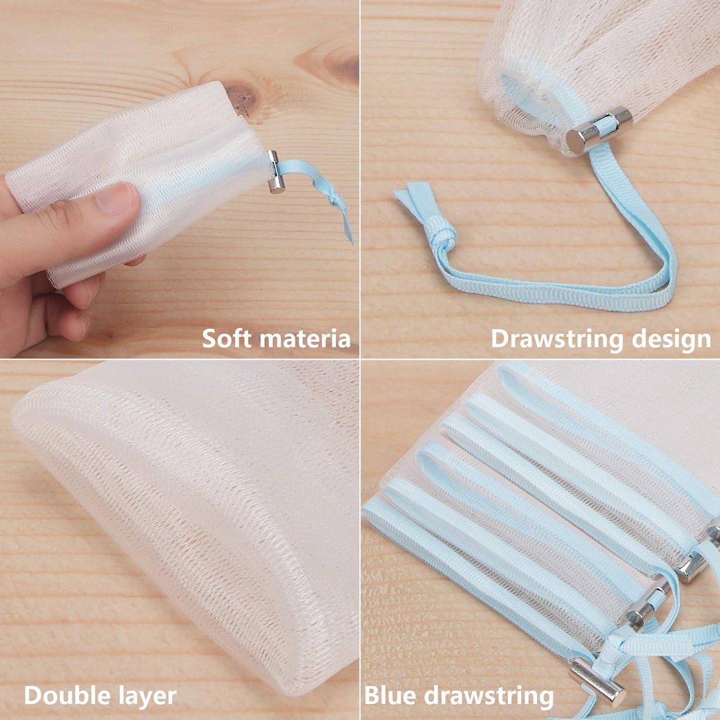 Cobahom 12 Pack Mesh Soap Bag Mesh Foaming Net Soap Sack Bags Soap Saver Pouch Net Bags with Drawstring for Bath & Shower (Blue)6x3.5Inch