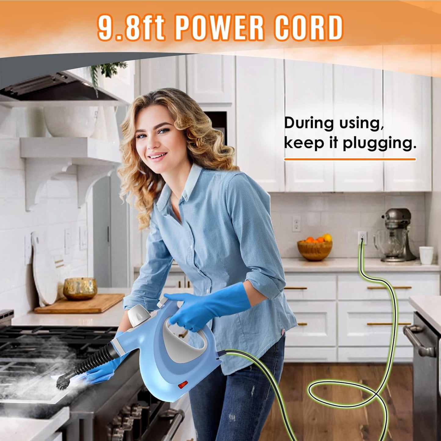 Pressurized Handheld Multi-Surface Natural Steam Cleaner with 12 pcs Accessories, Multi-Purpose Steamer for Home Use, Steamer for Cleaning Floor, Upholstery, Grout and Car (Blue)