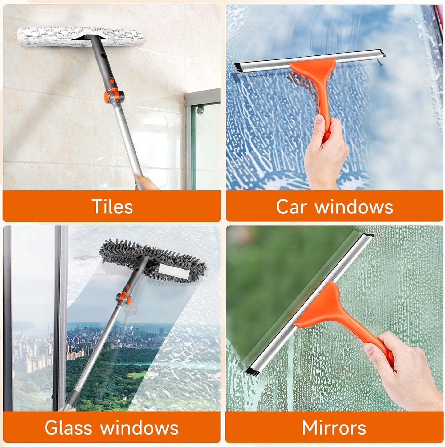 Chabatree Window Squeegee Cleaner Set 2-in-1 Window Cleaning Tool with Extendable Pole, Window Cleaning kit with Bendable Head for Indoor & Outdoor Glass for Car Indoor Outdoor High Windows(Kit2.0)