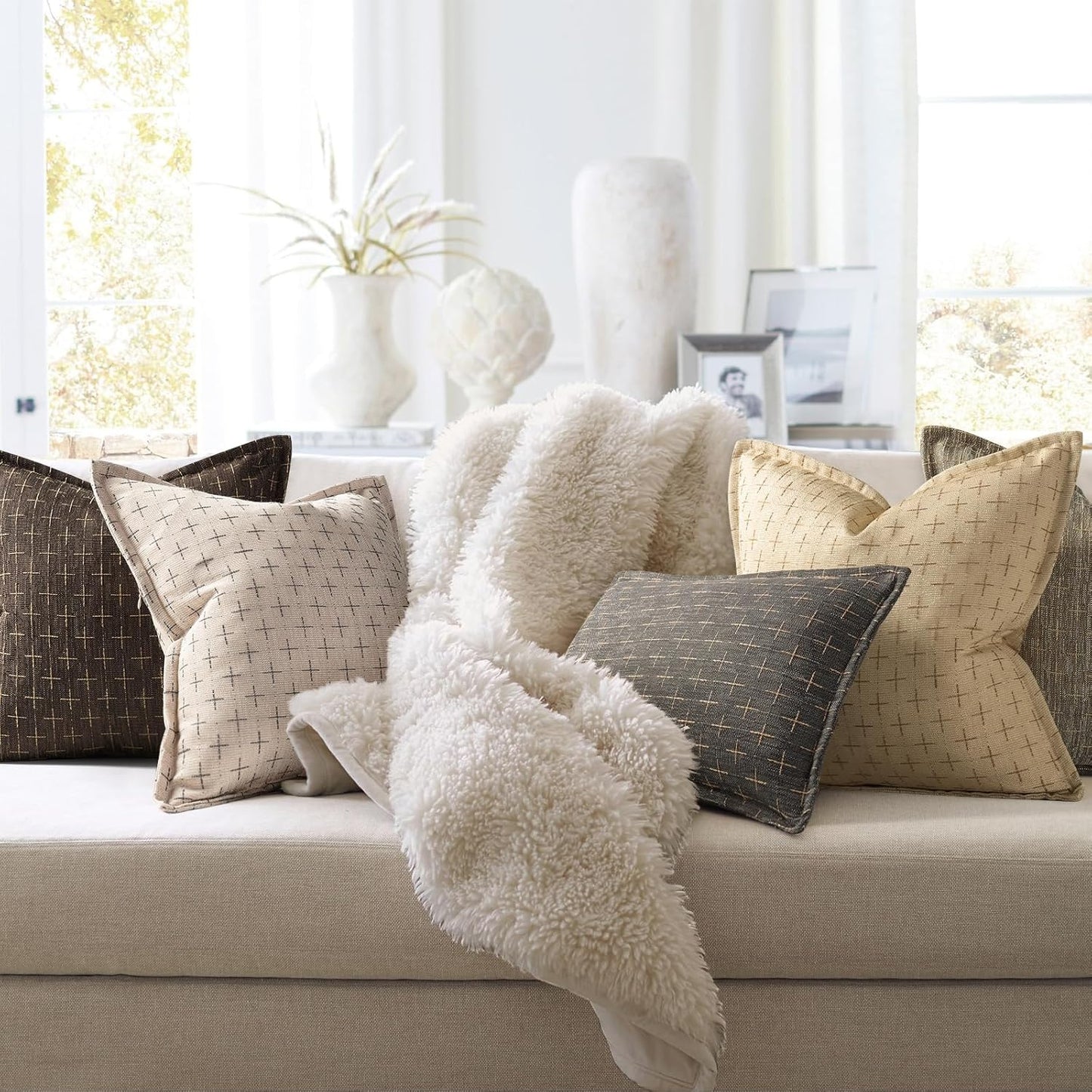 ZWJD Pillow Covers 20x20 Set of 2 Soft Polyester Textured Pillow Covers with Stylish Flange Edge Cozy Farmhouse Throw Pillows for Couch Bed Sofa Living Room