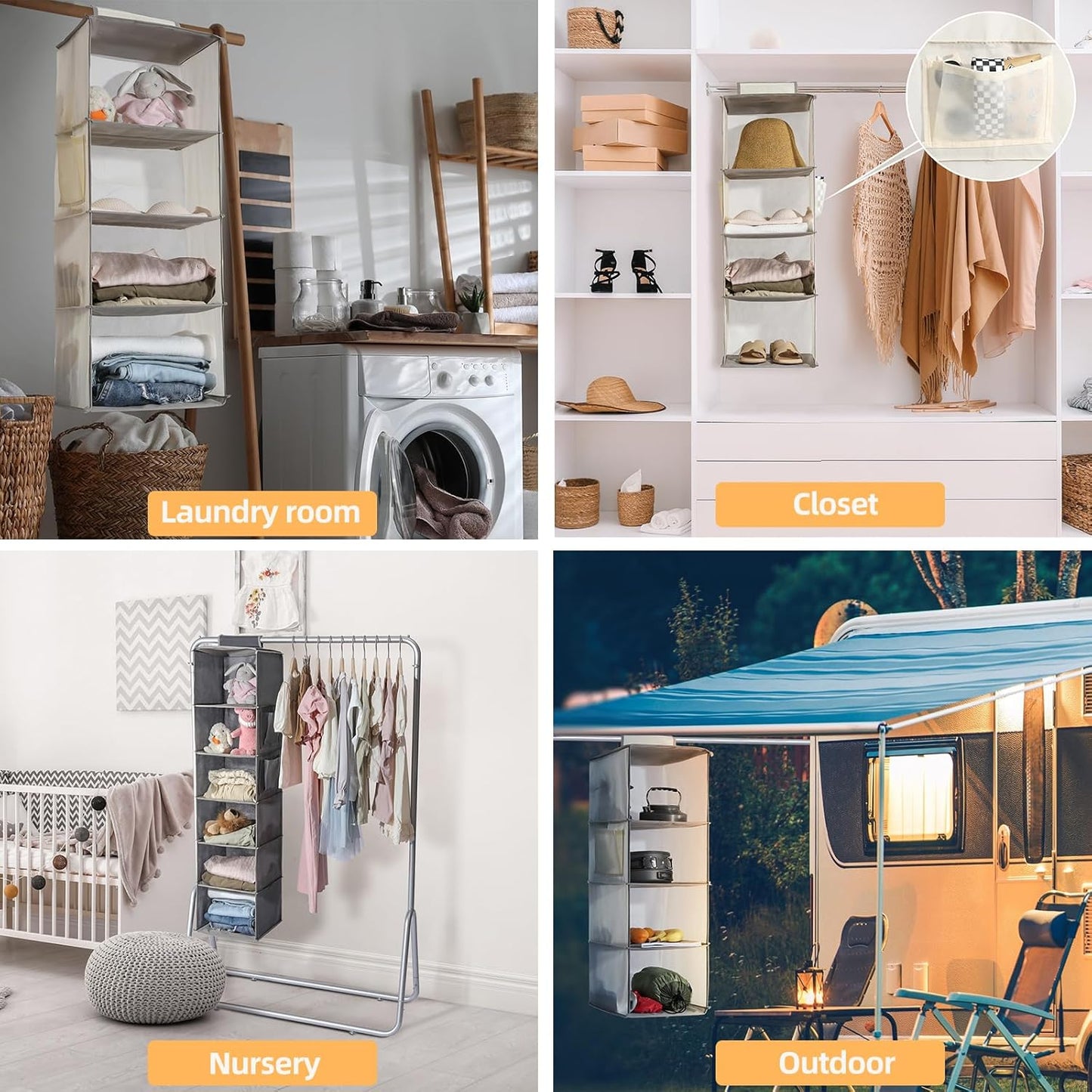 2 Packs Hanging Closet Organizer Storage, 6-Shelf Hanging Shelves for Closet, Closet Clothes Organizer and Storage with Side Pockets, Grey