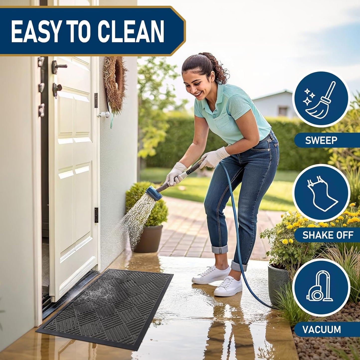 Smiry Front Door Mat Outside Entrance, Heavy Duty Outdoor Indoor Natural Rubber Doormat, Non Slip, Trap Dirt and Moisture, Easy Clean, Low Profile Patio Porch Entryway Mat, 59x20, Grey
