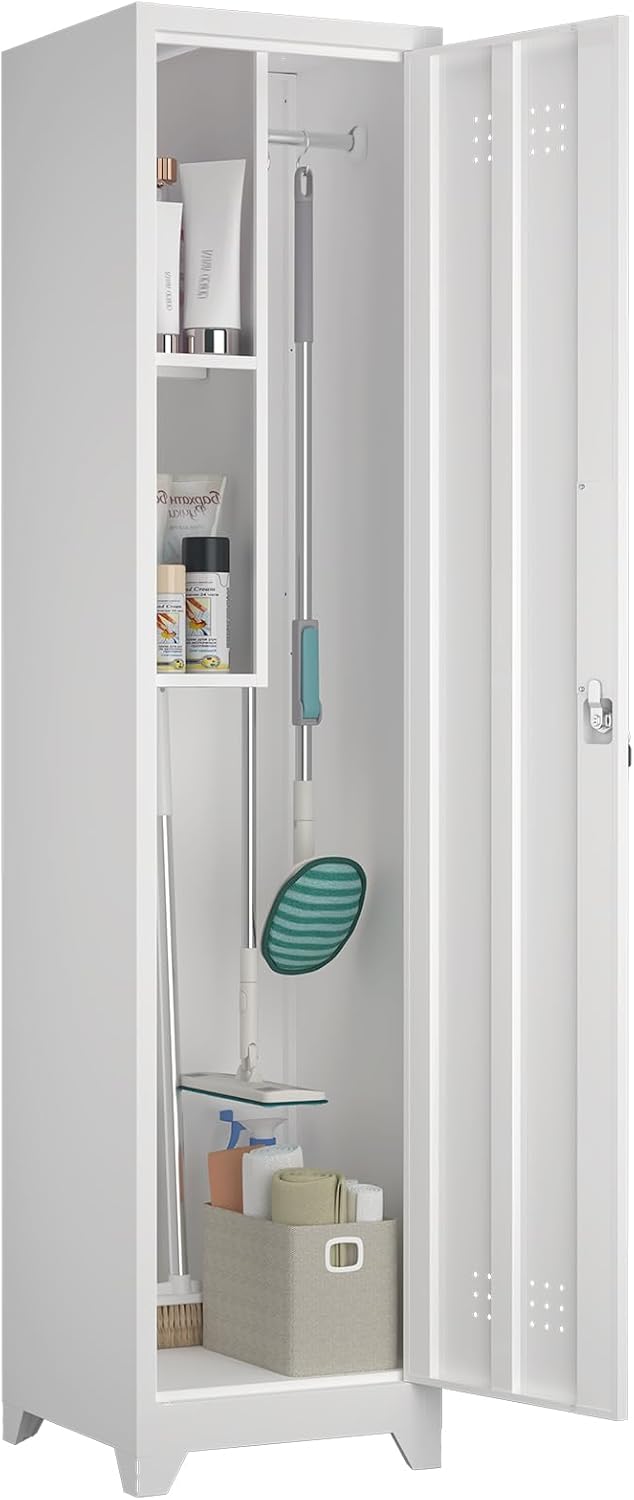 Slim Broom Storage Cabinets, Metal Cabinet with Shelves and Hanging Rod, 65" Utility Storage Cabinet with Locking Door, Tall Cleaning Cabinets for Kitchen, Pantry, Office, Shop, Garage