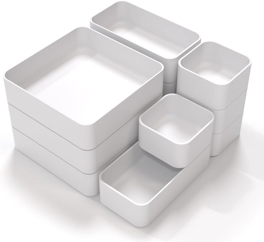 11-Piece Stackable Drawer Organizer Set, Multi-size Desk Drawer Organizer Trays Vanity Storage Bins for Storing Makeup, Stationery, Utensils in Bathroom Dresser, Office and Kitchen