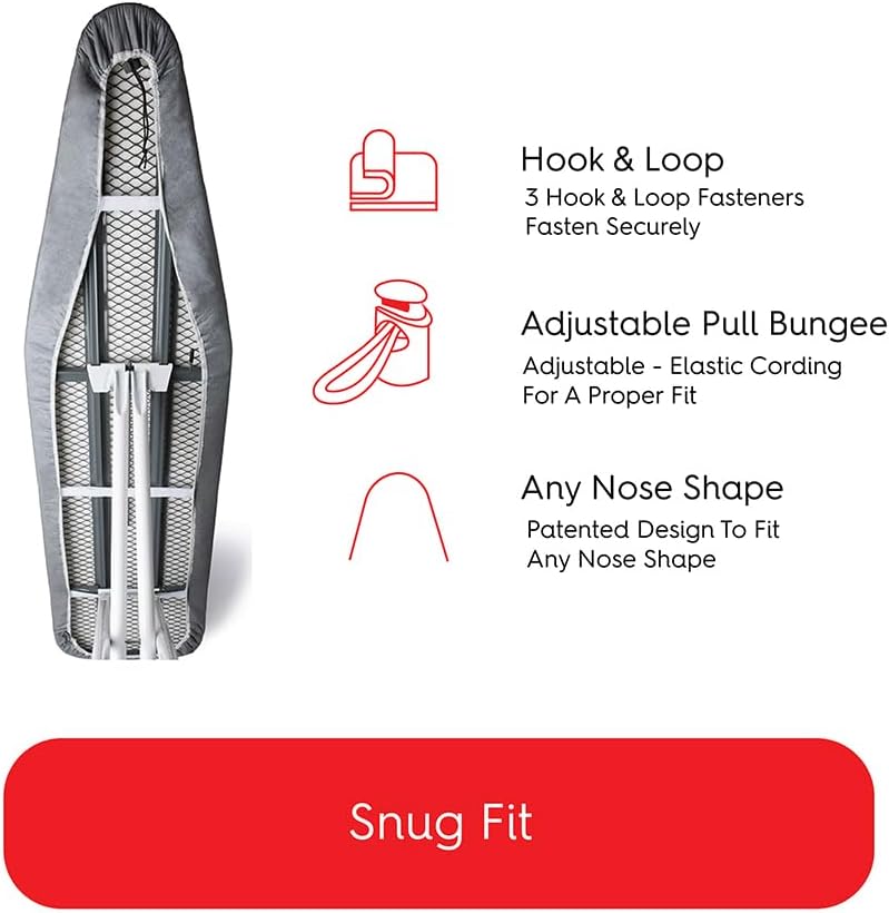 TIVIT Ironing Board Cover 22 x 58, Made in Italy. Pro Grip Pad Covers w/3 Fastener Straps & Pull Bungee Cord - Durable Scorch & Stain Resistant Padded Layers, Heat Reflective AlumiTek PRO Top Coat