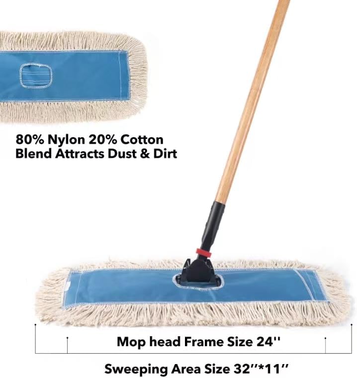 Matthew Cleaning 24'' Industrial Strength Cotton Dust Mop Refill Washable Replacement Heads for Residential & Commercial Use Fit Standard Dust Mop Frames, Hardwood,Concrete Floors Blue&White 3 Pack