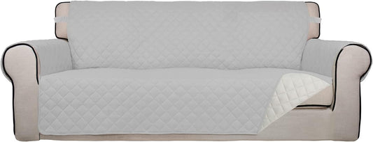 PureFit Reversible Quilted Sofa Cover, Water Resistant Slipcover Furniture Protector, Washable Couch Cover with Non Slip and Elastic Straps for Kids, Pets (Oversized Sofa, Light Gray/Ivory)