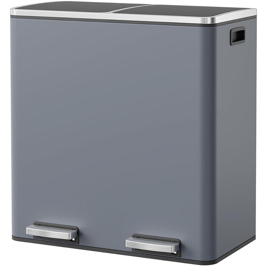 Arlopu 16 GallonStainless Steel Trash Can, 60L Dual Compartment, Metal Kitchen Step Recycle Bin, Metal Double Dustbin, in-Home Garbage Rubbish Can W/Removable Liner Buckets (Grey)