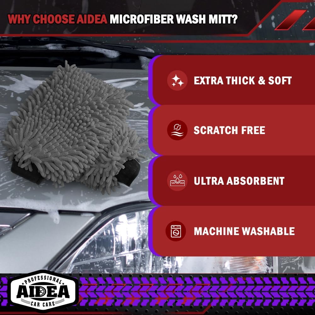 AIDEA Car Wash Mitt Microfiber-2Pack, Scratch-Free& Lint-Free, Premium Chenille Microfiber Wash Mitt-Grey Extra Large Size (8''X12'')
