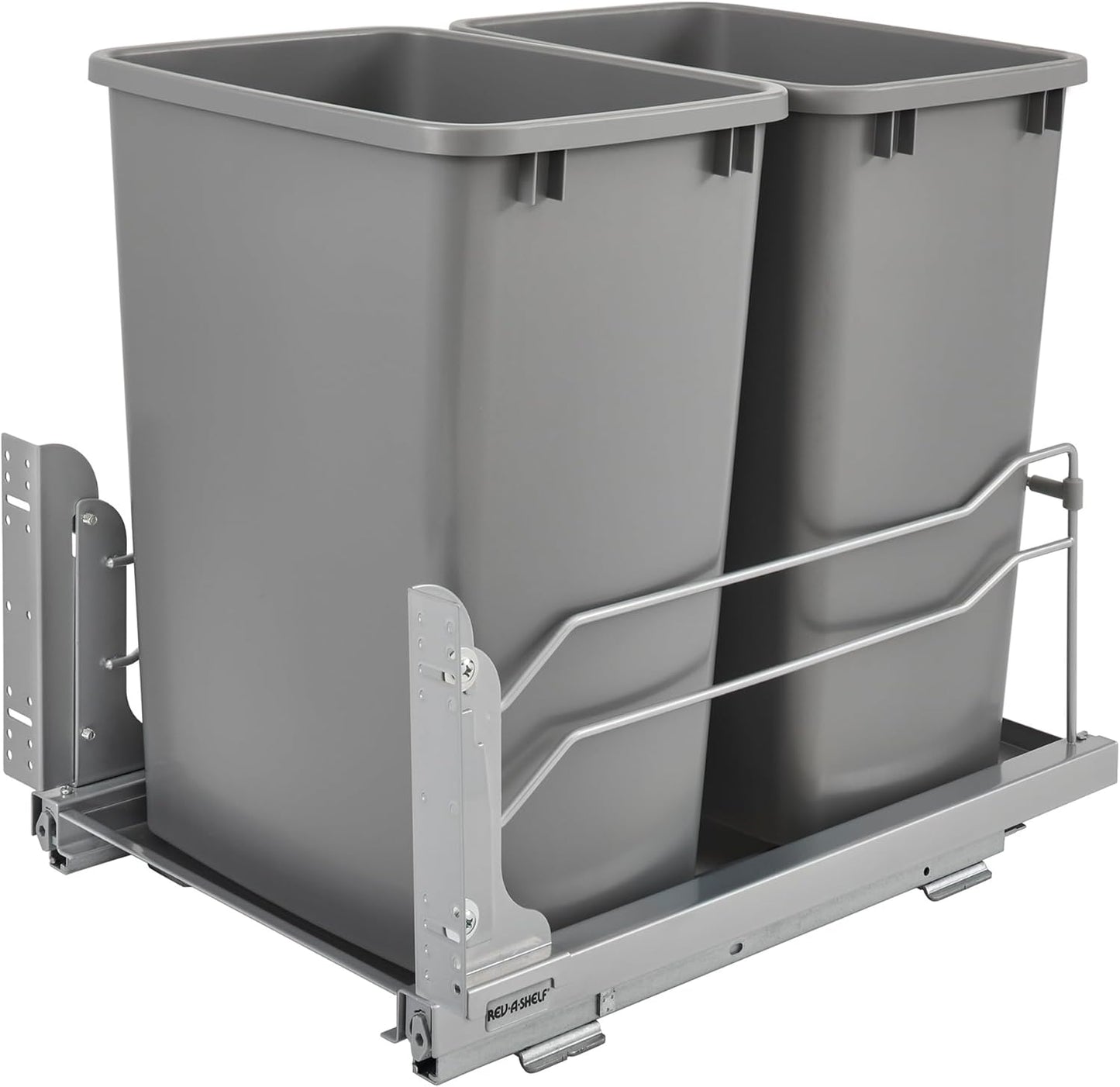 Rev-A-Shelf Double Pullout Trash Cans for Under Kitchen Cabinets 35 Quart 8.75 Gallon with Soft-Close Slides, Metallic Silver, 53WC-1835SCDM-217