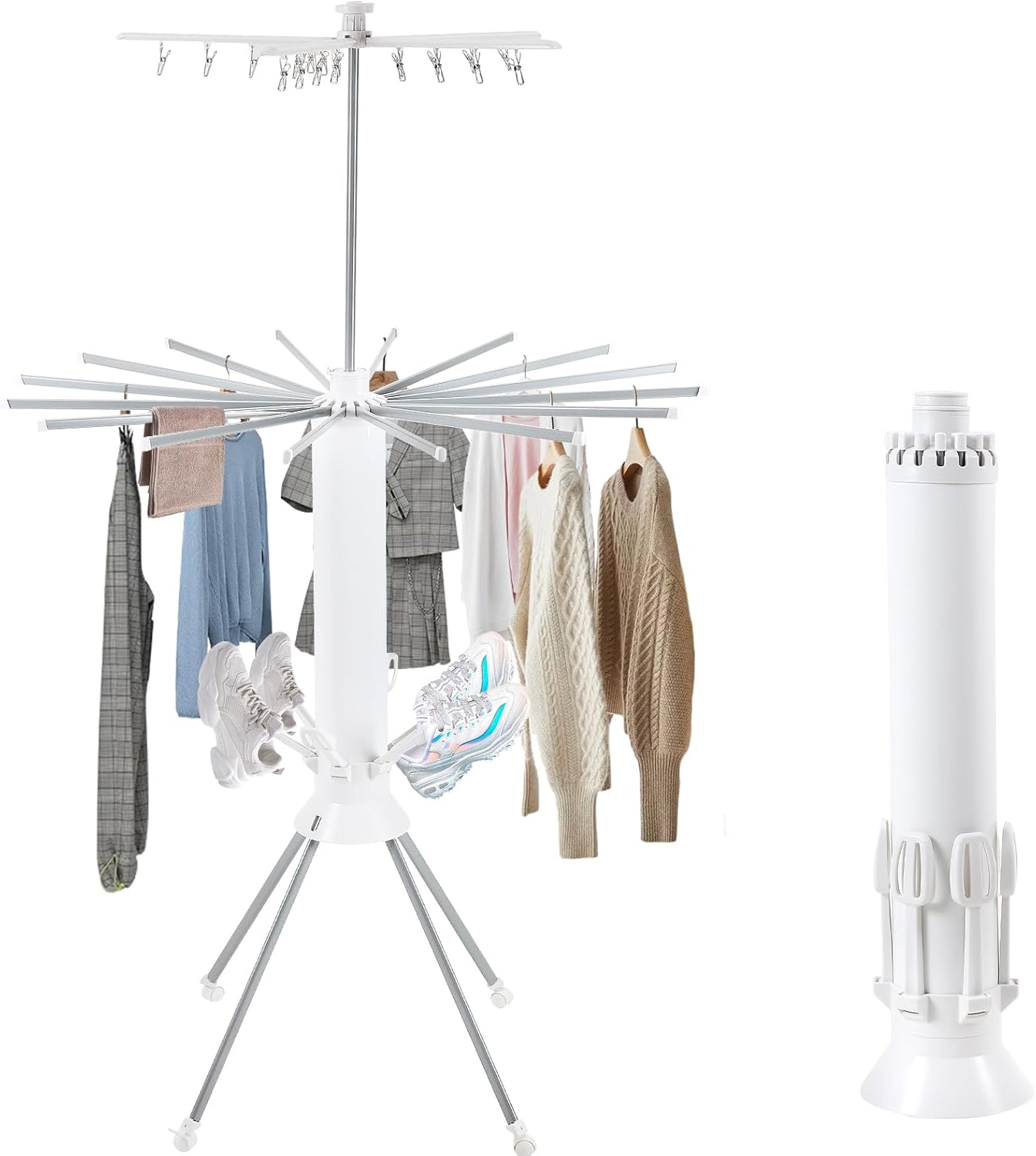 GCCSJ 3 Tier Portable Collapsible 4-Legged Clothes Drying Rack,Foldable Laundry Drying Rack with 4 Pulleys with and Shoe Holders for Indoor Outdoor Space Saving