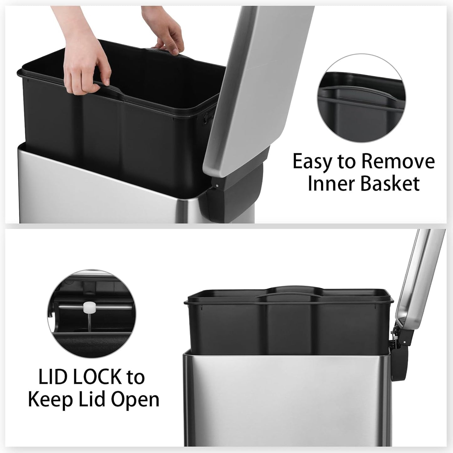 Arlopu 13.2 Gal Slim Kitchen Trash Can with Lid, 50L Stainless Steel Garbage Can, Large Kitchen Rubbish Can, Step Trash Bin w/Foot Pedal and Inner Bucket, Bathroom Trash Can Airtight,Silver