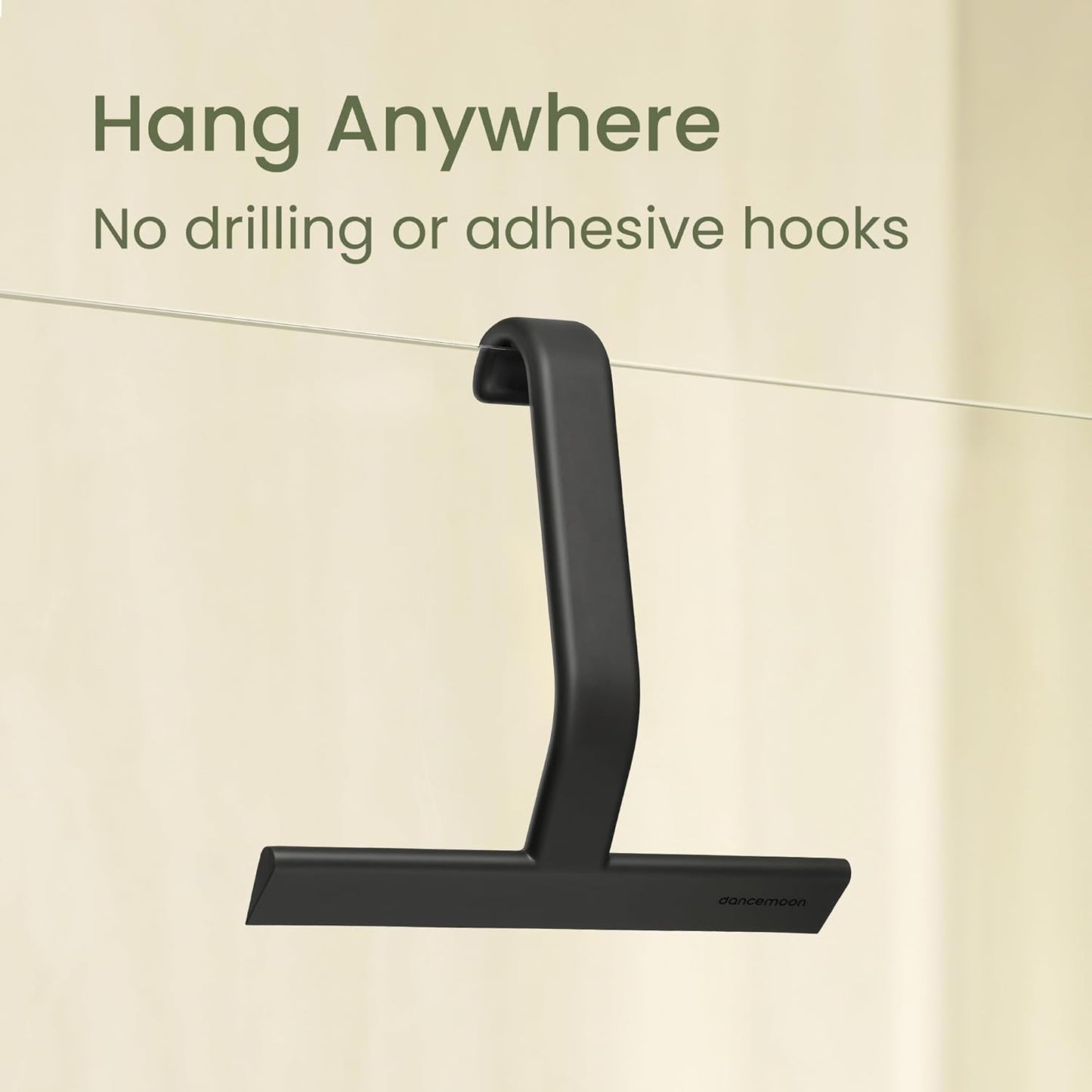 dancemoon JustHang Shower Squeegee for Glass Doors, All-One-Piece Silicone with Built-in Hook Design for Easy Hanging and Cleaning, 10 Inch Black