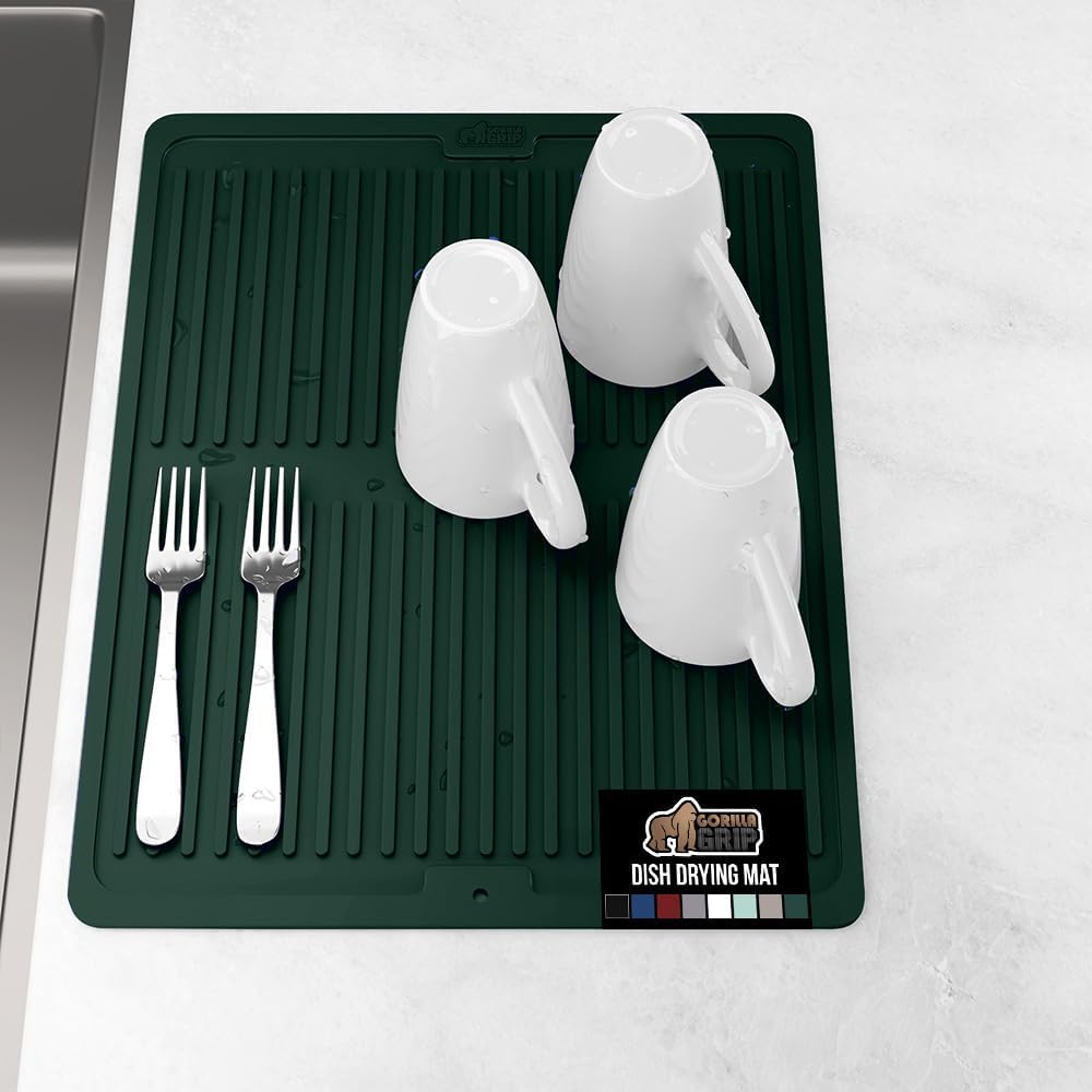GORILLA GRIP 100% BPA-Free Silicone Dish Drying Mat for Kitchen Counter, Quick Dry, Water Catching Ribbed Design, Easy Clean Waterproof Sink Liner, Heat Resistant, Fits Under Rack, 16x12, Hunter Green
