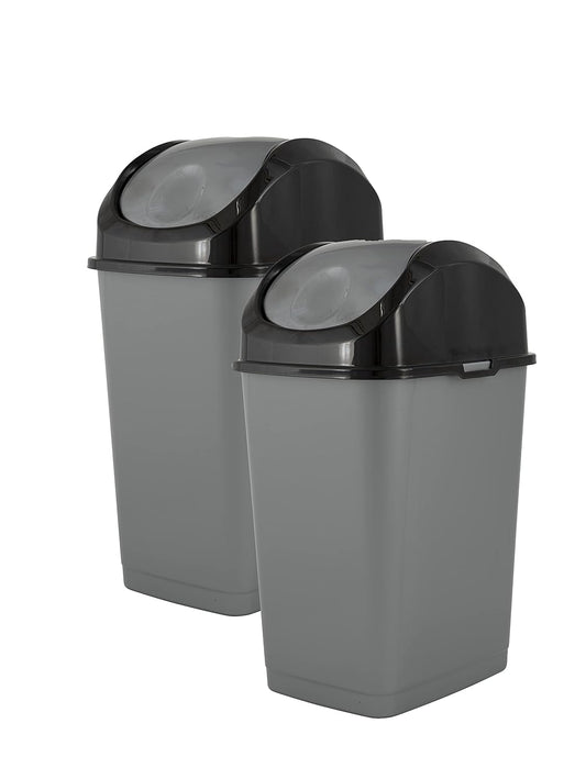 Superio Small 2.5 Gallon Plastic Trash Can with Swing Top Lid, Compact Slim Waste Bin for Under Desk, Office, Bedroom, Bathroom, Dorm Room, 10 Qt. Portable Garbage Can (Grey/Black, 2 Pack)