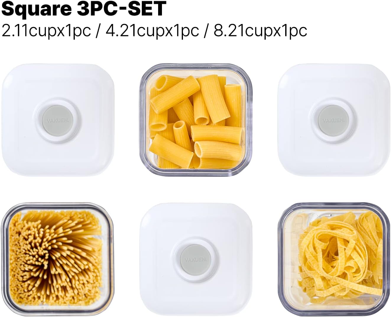 VAKUEN Premium Airtight Food Storage Containers, Square-S 3PC-SET, Smart One-Click Seal Lid, No Hinges, 100% Leak Proof, BPA-FREE, Dishwasher, Freezer & Microwave Safe