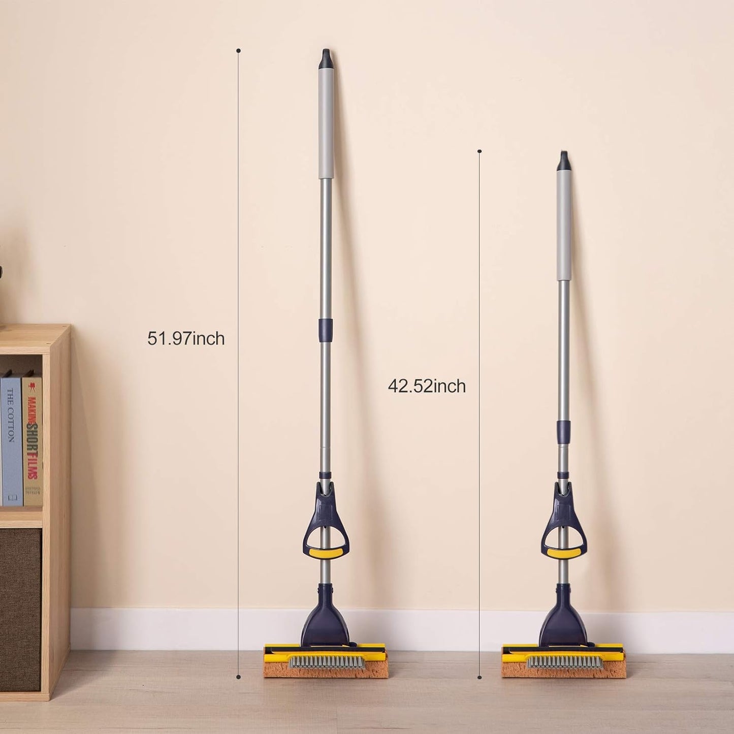 Yocada Sponge Mop Home Commercial Use Tile Floor Bathroom Garage Cleaning Total 2 Sponge Heads NOT 3 Telescopic Handle Squeegee from 42.5 to 52 Inches Easily Dry Wringing only 2 Heads