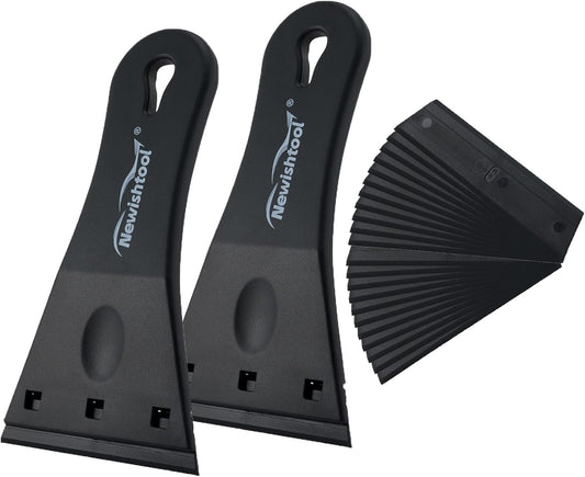 NewishTool Plastic Razor Scraper with 3-Inch Blade, Pack of 2 with 20 Extra Blades for Glue Residue Labels, Decals & Stickers on Windows & Glass