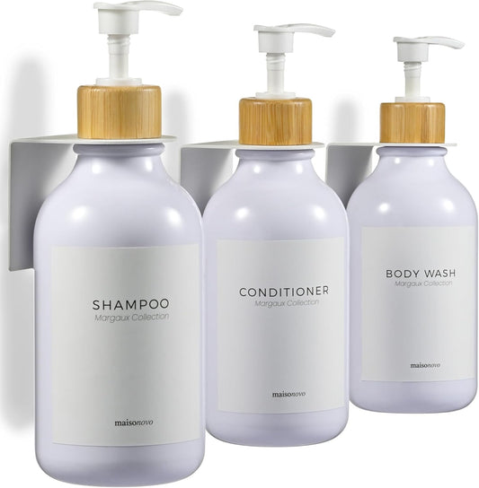 MaisoNovo Shampoo and Conditioner Dispenser - Shower Soap Dispenser Wall Mounted - 16.9 fl oz Set of 3 White Plastic Bottles Bamboo Pump - 3 Chamber No Drill