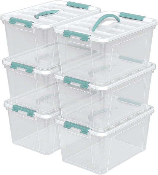 Zopnny 14 Quart Plastic Lidded Storage Bin with Handle, Clear Latching Box with White Lid, 6 Packs