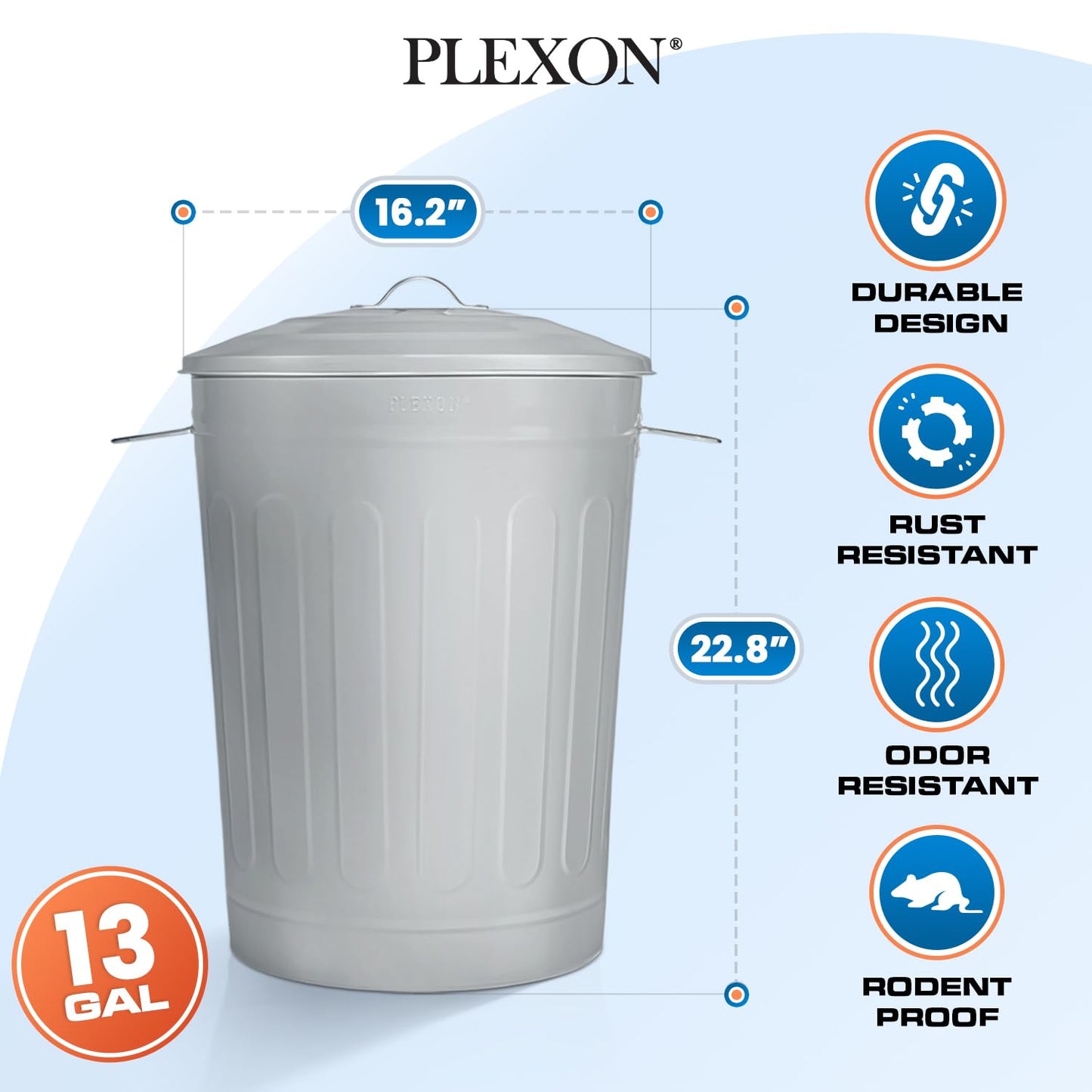 Plexon Round Trash Can 13 Gallon, Vintage Metal Outdoor Trash Can with Lid, Retro Farmhouse Garbage Container, Old School Modern Ash Bucket, Gray