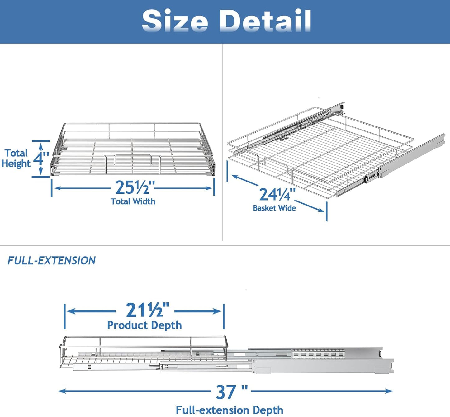 Pull Out Cabinet Organizer 25½" W x 21½" D, Heavy Duty Cabinet Pull Out Shelves, Slide Out Drawers Organization for Kitchen Cabinets Bathroom