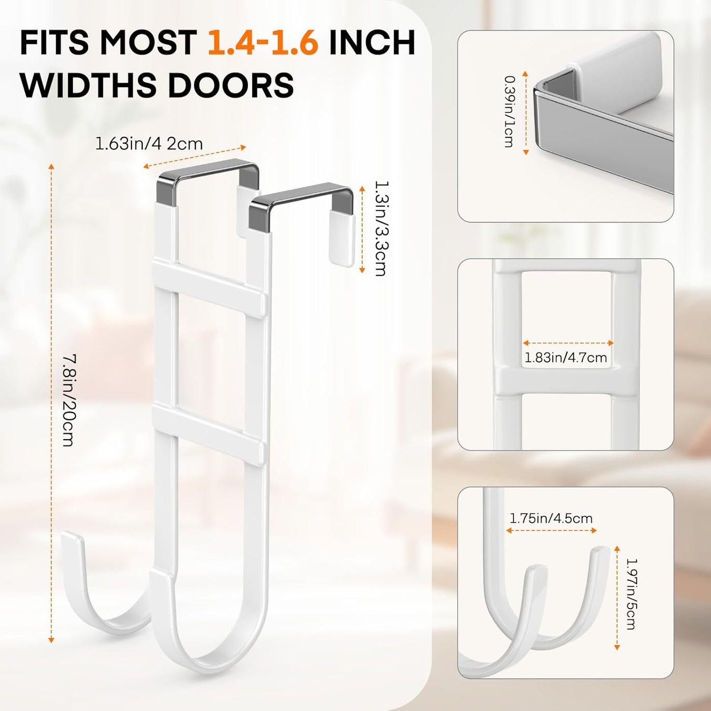 FYY Over The Door Hooks - 4 Pack Heavy Duty Dual-Hook Organizer Hanger with Non-Slip Rubber for Towels, Clothes, Hats & Bags Use in Bathroom, Bedroom, Kitchen - Fits Interior Doors Up to 1.6" White