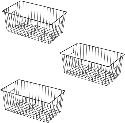 16" L x 12" W Wider Freezer Storage Organizer Baskets Container, Metal Wire Chest Upright Refrigerator Divider Bins with Built-in Handles for Cabinet, Pantry, Closet, Kitchen, Black