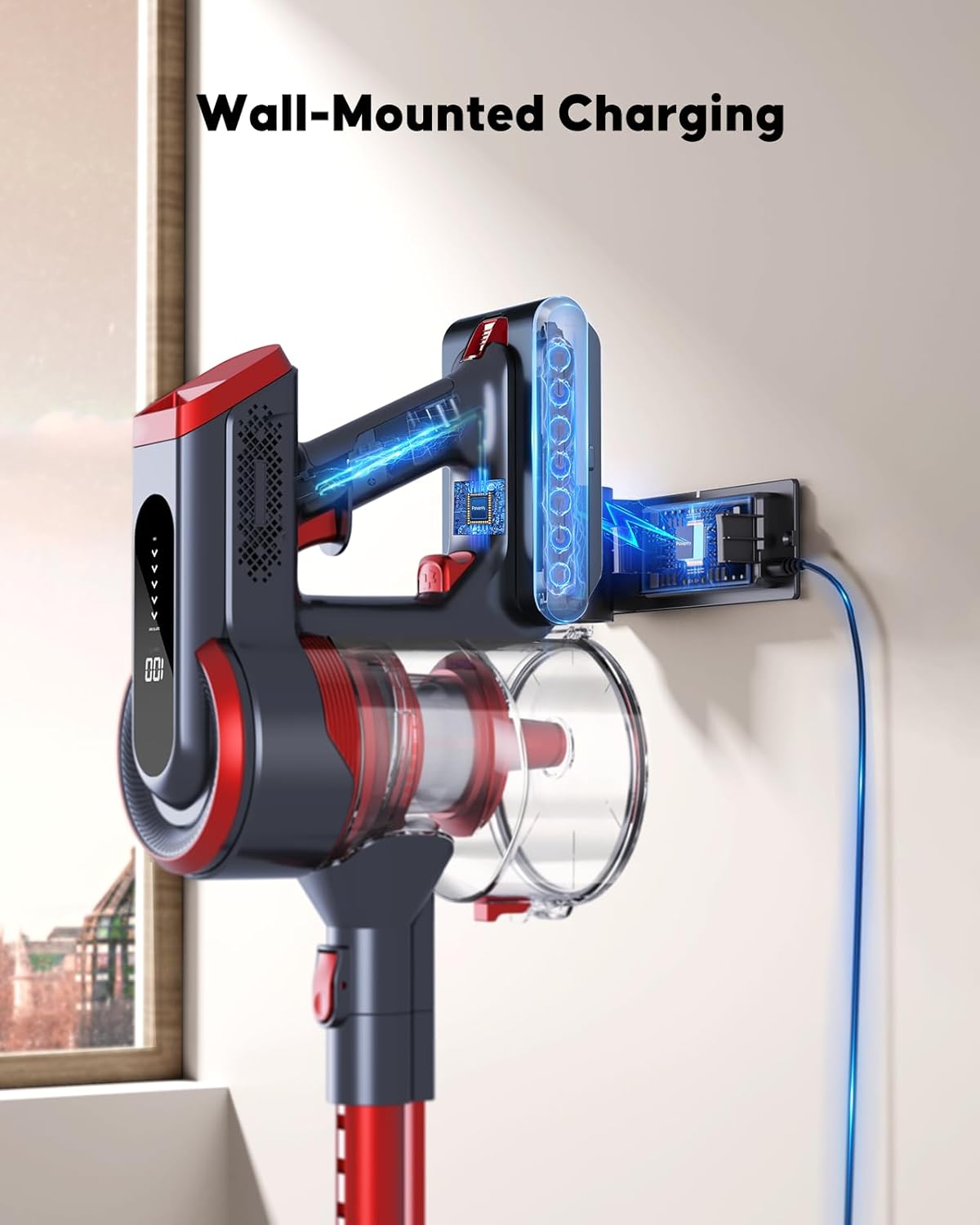 Cordless Vacuum Cleaner, 40kPa/450W Stick Cordless Vacuum Up to 55 Mins Runtime with LED Touch Screen, Anti-Tangle Vacuum Cleaner with Charging Station for Carpet Hard Floor Pet Hair