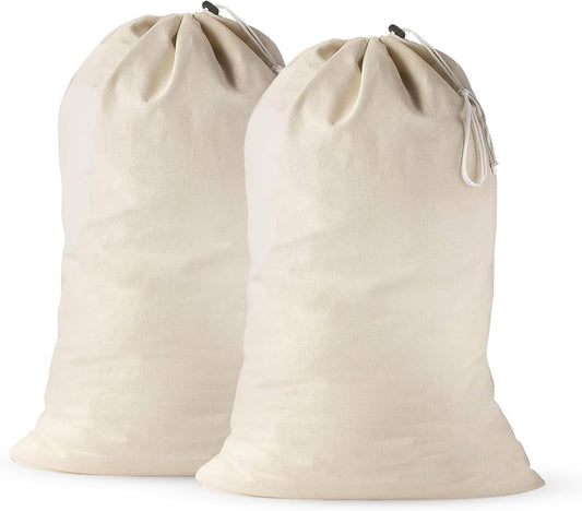 Large Cotton Laundry Bags 24x36 Inch with Drawstring, Heavy Duty Travel Organizer for Hamper, Basket, Camp – Beige (2 Pack)