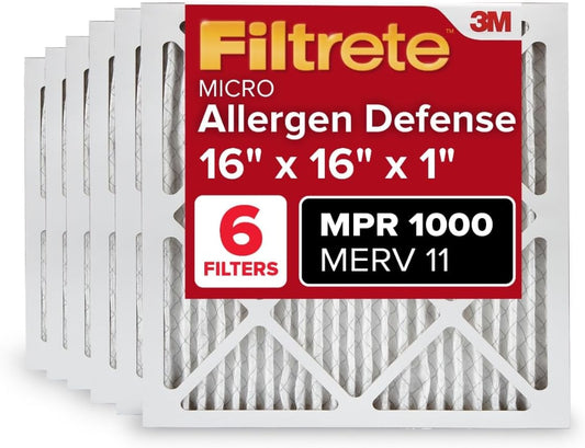 Filtrete 16x16x1 AC Furnace Air Filter, MERV 11, MPR 1000, Micro Allergen Defense, 3-Month Pleated 1-Inch Electrostatic Air Cleaning Filter, 6 Pack (Actual Size 15.81x15.81x0.81 in)
