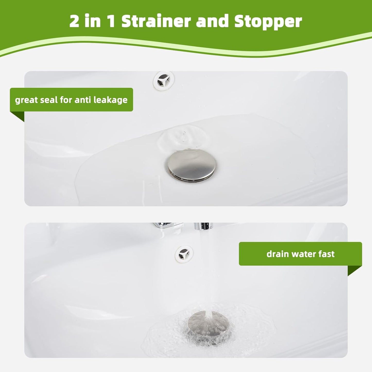 Universal 2PCS Bathroom Sink Stopper 2 in 1 Pop Up Metal Sink Drain Strainer with Hair Catcher, Fit for 1.1~2.36" Sink Basin Hole, Big Cover Cap, Anti-clog, Brushed Nickel