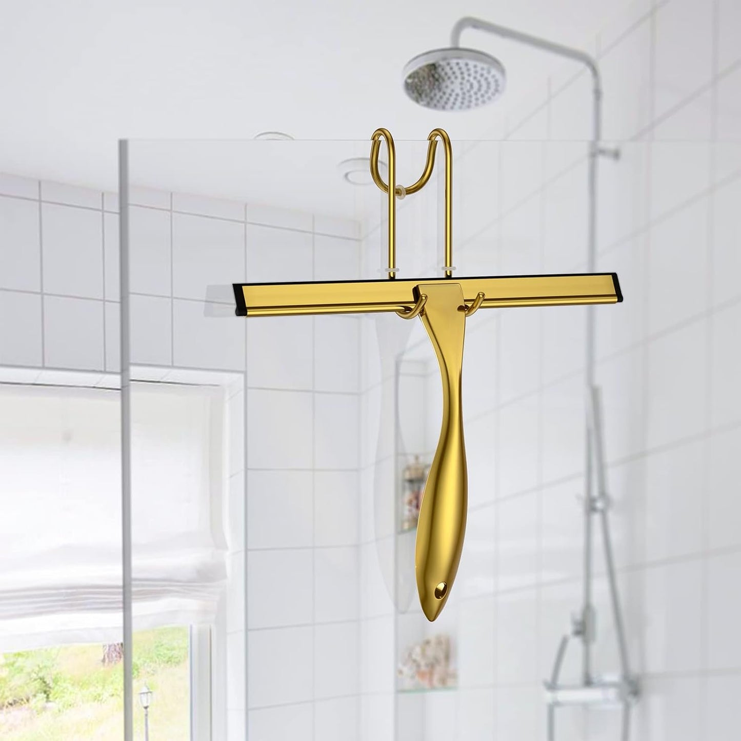 Shower Squeegee for Glass Door 12-Inch Stainless Steel Bathroom Squeegee Window Wiper, 100% Streak-Free, Includes Shower Door Hook and Adhesive Hook, for Window Mirror Tiles Car All-Purpose Squeegee