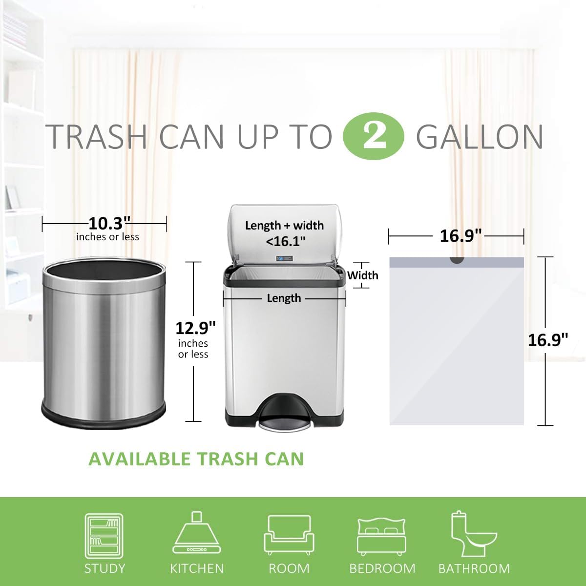 Teivio 2 Gallon 140pcs Strong Drawstring Trash Bags Garbage Bags, Bathroom Trash Can Bin Liners, Small Plastic Bags for Office Kitchen Home, White