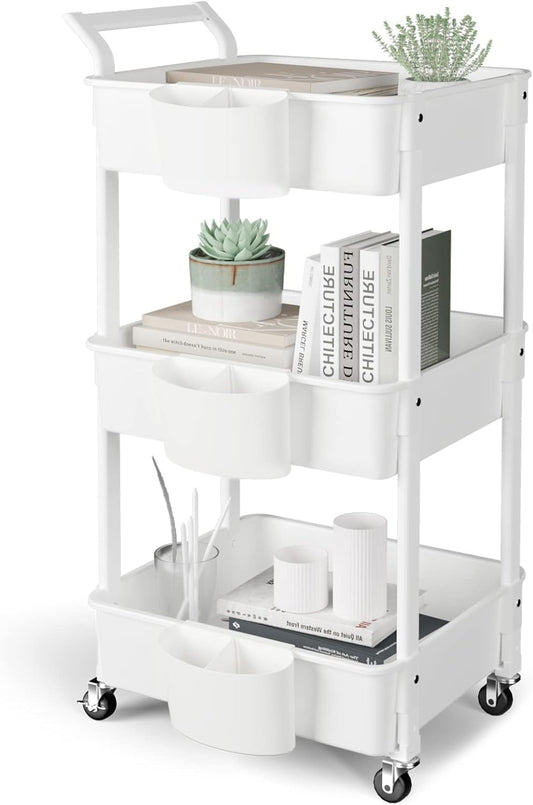 3-Tier Utility Rolling Cart,Mobile Utility Cart with Lockable Caster Wheels,Storage Shelves Organizer Cart, 3 Hanging Baskets, Easy Assembly,for Bathroom, Kitchen, Office, Workshop