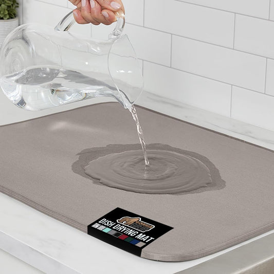 GORILLA GRIP Ultra Water Absorbent Microfiber Dish Drying Mat, Quick Dry Thick Mesh, Slip Resistant Pad for Sink Dishes or Under Rack, Kitchen Counter Accessories, 16x18, Machine Wash Mats, Almond
