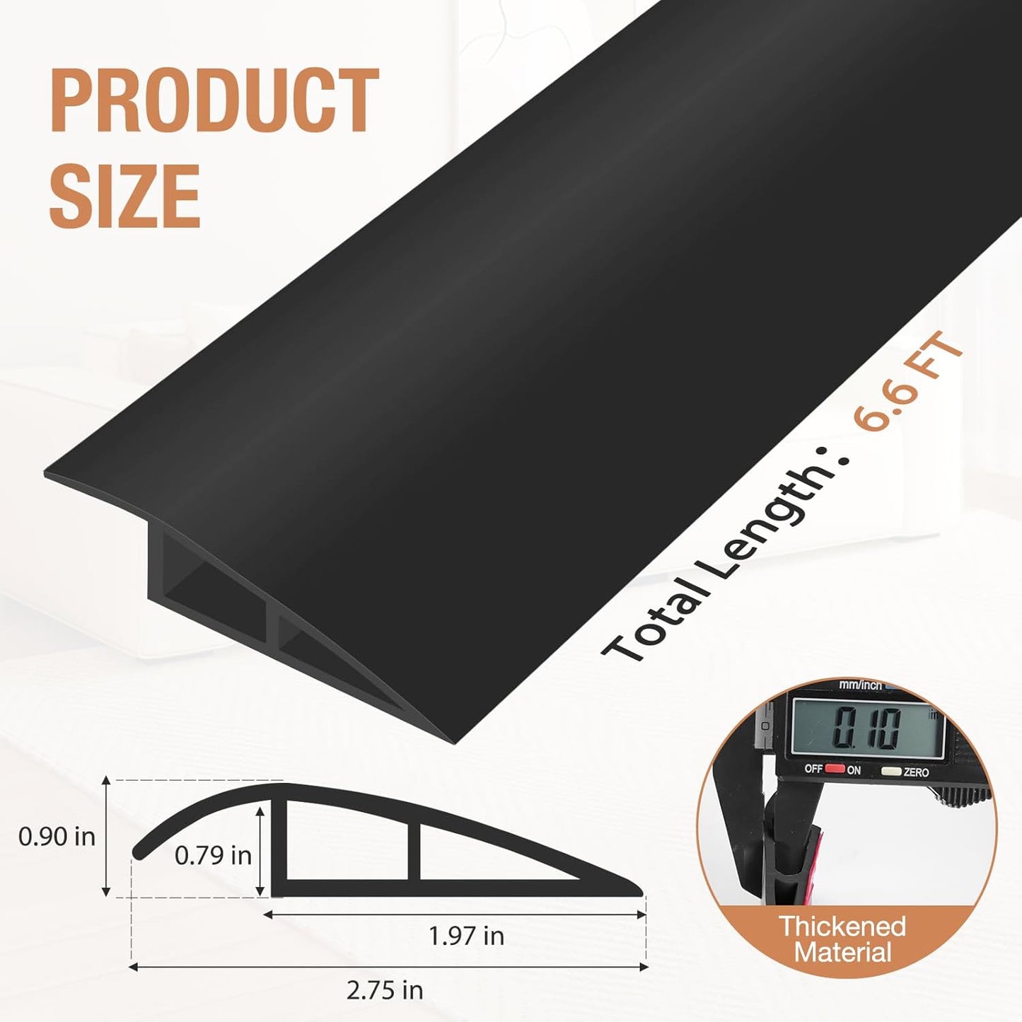 Floor Transition Strip Self Adhesive Vinyl Door Threshold for Doorways Carpet Edging Trim Overlap Edge Reducer for Laminate Floor, Carpet, Tile (Black, 3/5" to 4/5", 6.6Ft)