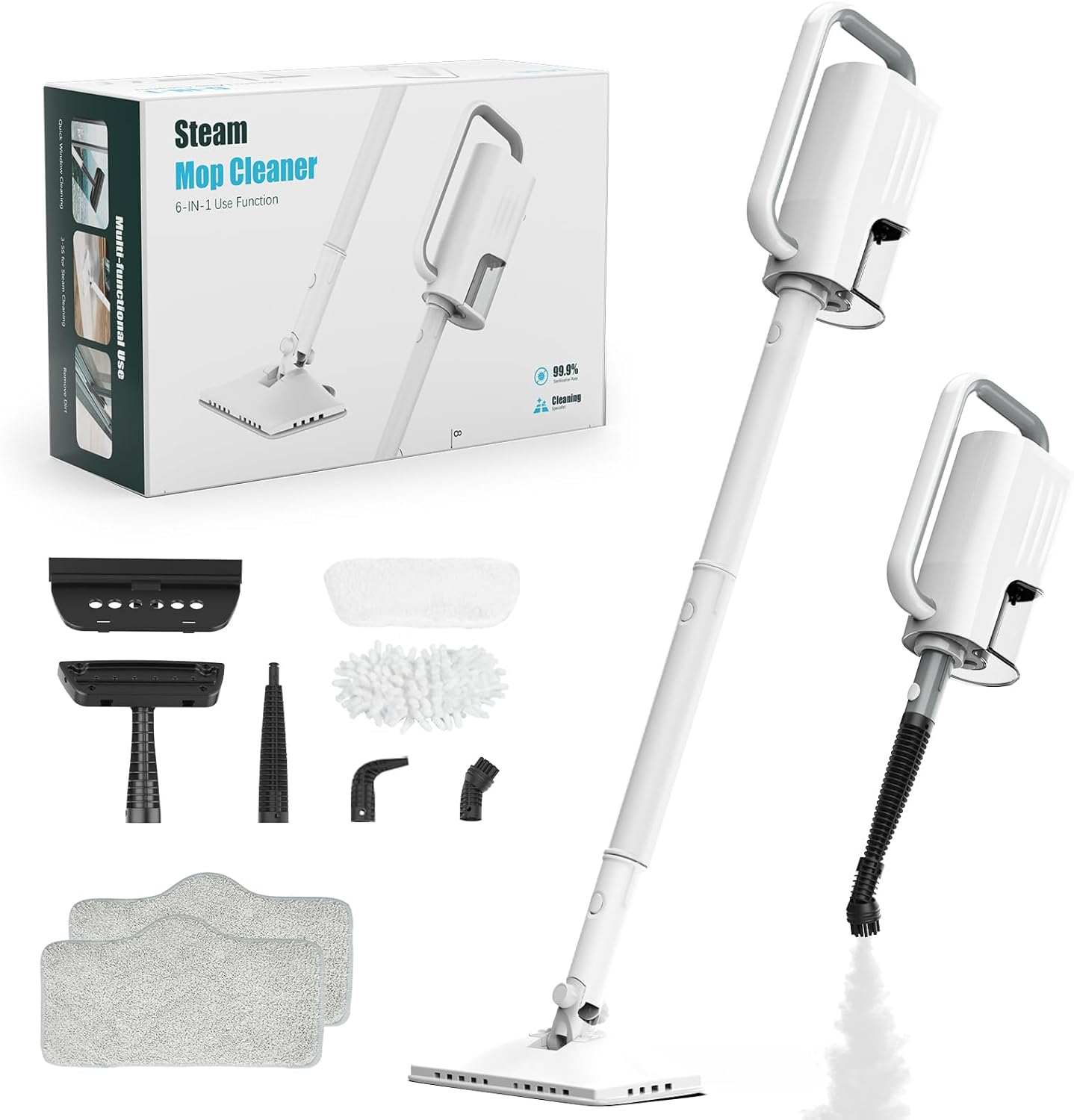 Steam Cleaner, 6 in1 Rotated Steam Mop Cleaner with 2 Modes, 2 Microfiber Pads, 400ML Removable Tank, 23FT Power Cable, Detachable Steam Mops for Floor, Laminate Floor, Tiles Cleaning (Sky White)
