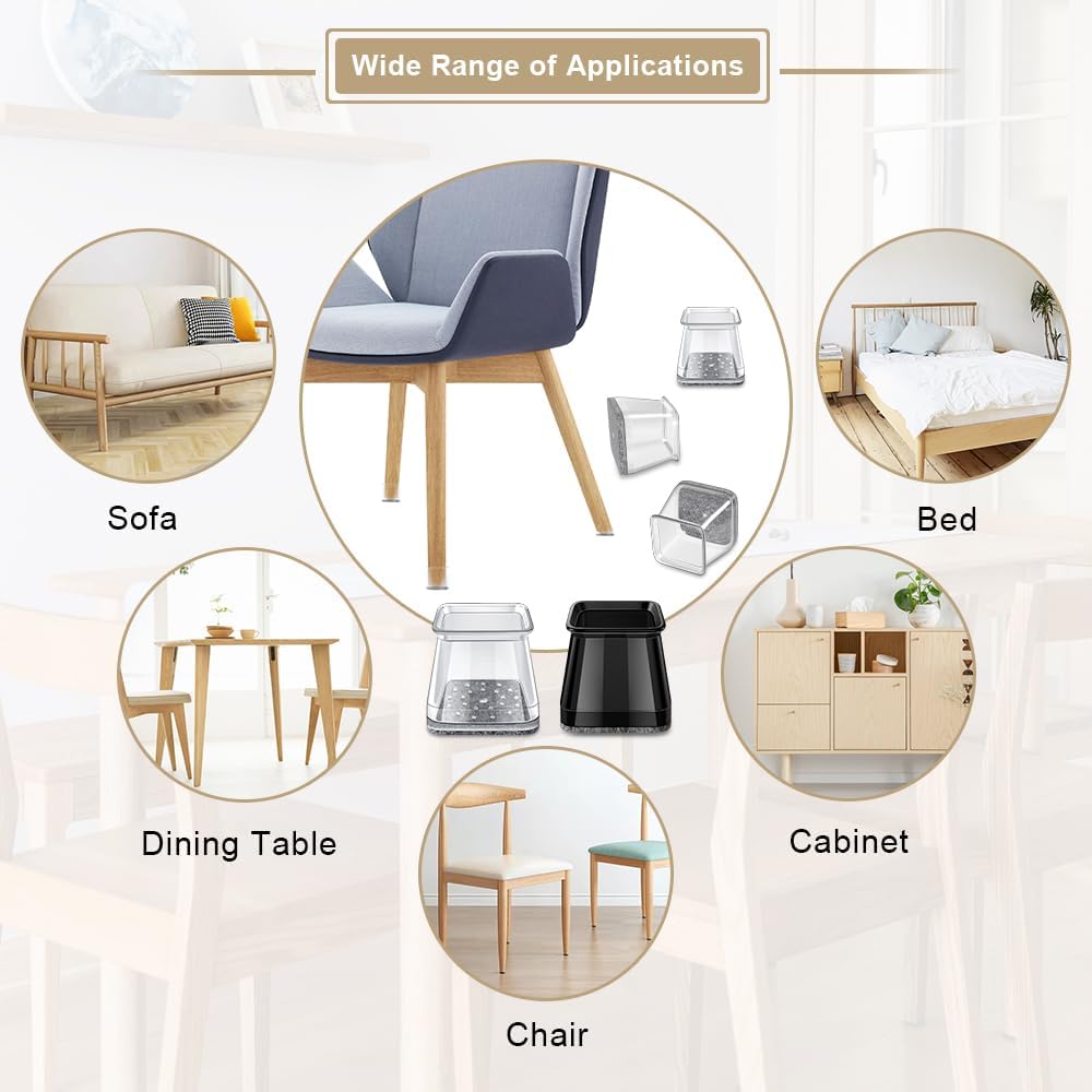 32 Pcs Square Chair Leg Floor Protectors - Silicone & Felt Furniture Pads for Hardwood Floors, Scratch-Resistant Noise-Reducing Chair Leg Caps, Fits Square Legs (1/2'' to 3/4'')