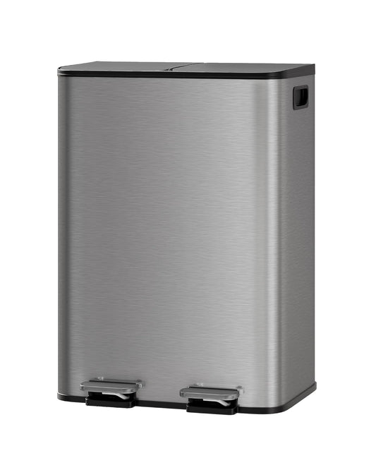 GarveeHome 2 x 8 gal Stainless Steel Double Trash Can with Lid for Kitchen, Large Dual Trash and Recycle Bin Combo, Step-on Kitchen Metal Garbage Cans, PP Inner Buckets, Liner Rim, Matte Grey