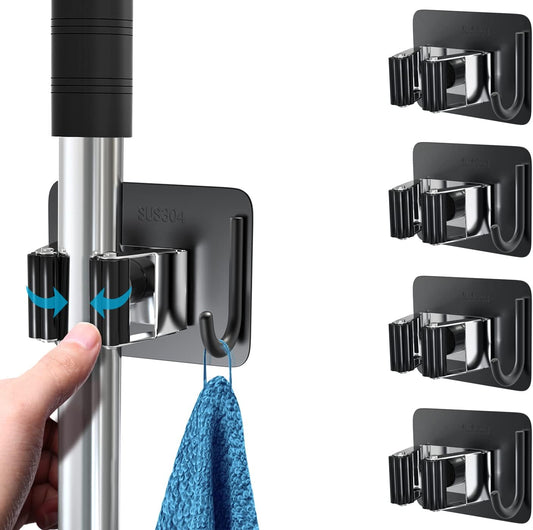 Mop Broom Holder No Drill, Mop Broom Organizer Wall Mounted Heavy Duty with Hooks Hanger, Self Adhesive Stainless Steel 4Pcs for Bathroom, Kitchen, Office (Multicolor)