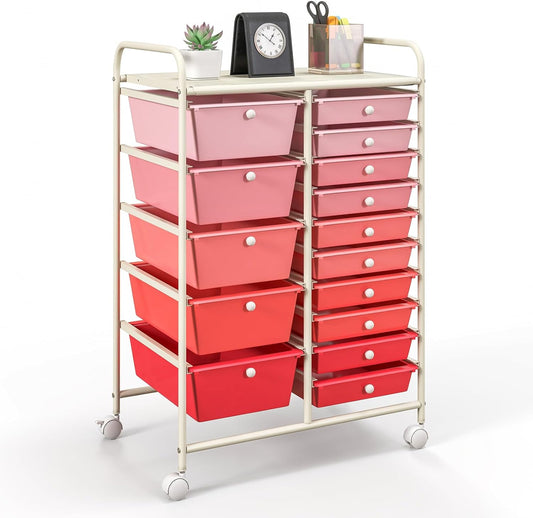 GOFLAME 15-Drawer Rolling Storage Cart, Multipurpose Movable Organizer Cart, Utility Cart for Home, Office, School, Pink
