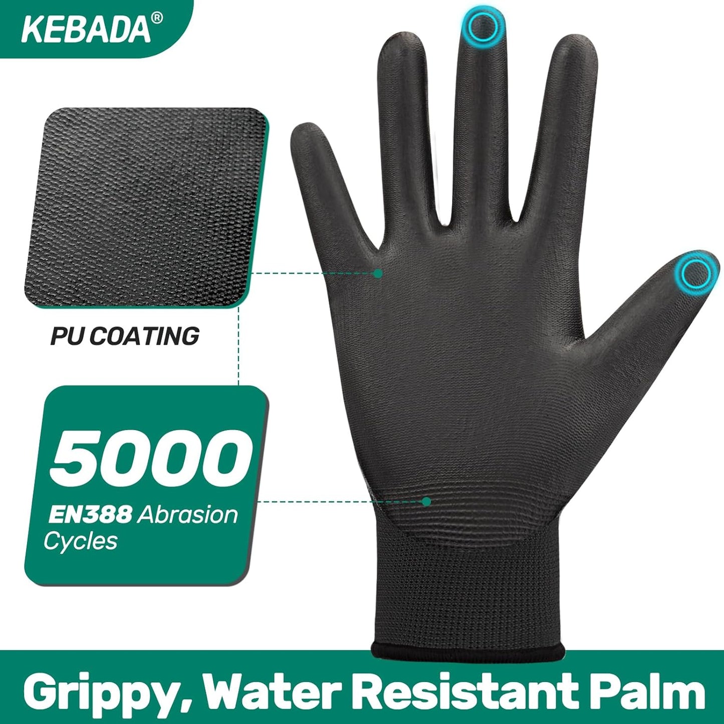 Kebada Safety Work Gloves,120 Pairs Bulk Pack, Touchscreen, PU Coated, Ideal for Warehouse, Construction, Gardening and Mechanics, Black, Large