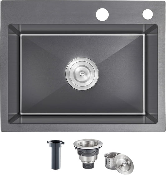 23x18 Inch Kitchen Sink, Handmade 304 Stainless Steel Sink, 9" Deep Single Bowl with Brushed Finish, Topmount with 2 Holes, R10 Tight Corner, for Modern Kitchen/RV/Outdoor Sink