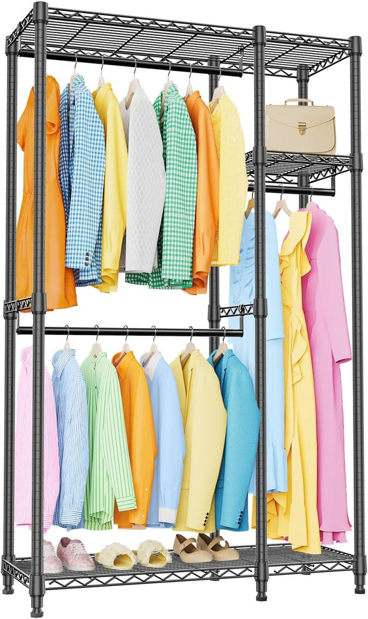 IZEUK 2 Combination Heavy Duty Garment Rack Wire Clothes Rack for Hanging Clothes, Metal Freestanding Closet Wardrobe Rack with 3 Rods Black 15.7" D x 43.3" W x 76.5" H