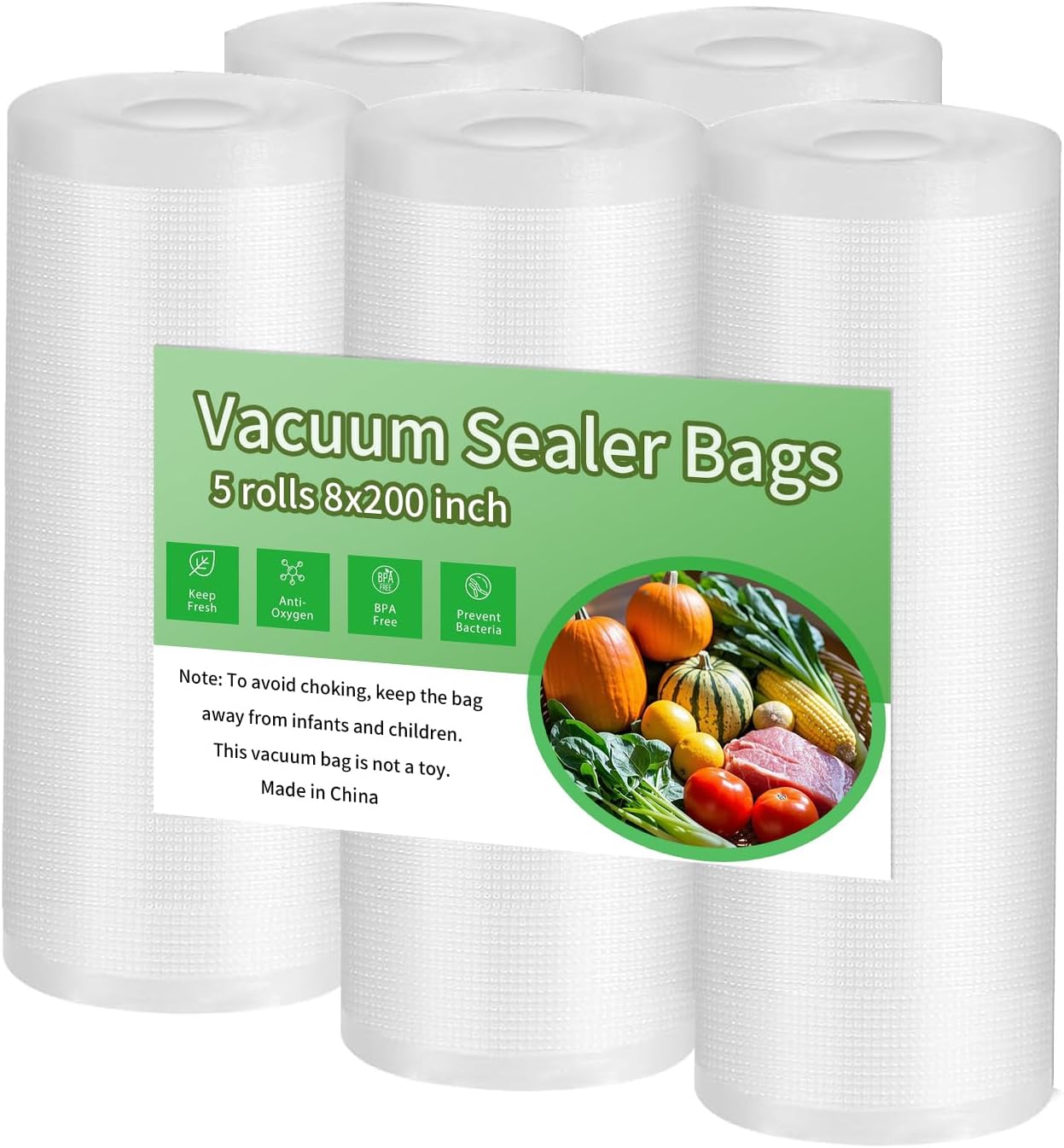 Premium Vacuum Sealer Bags, 8x 200 inches, 5 count. Airtight food saver bags rolls, BPA Free & Heavy Duty Vacuum Freezer Bags. Commercial Grade, Sous Vide or Meal prep