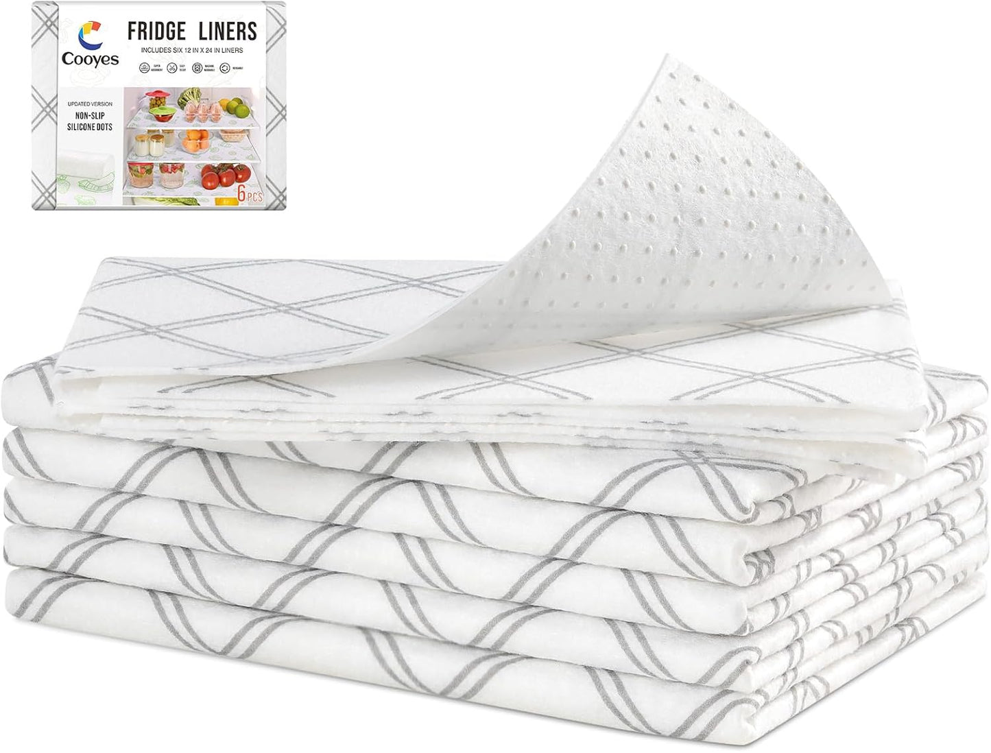 Cooyes 6pcs 12" x 24" Refrigerator Drawer Liners, Fridge Organizers and Storage, Washable Absorbent Fridge Bin Liners, Refrigerator Shelf Mats Air Circulating Non-Slip Non-Adhesive